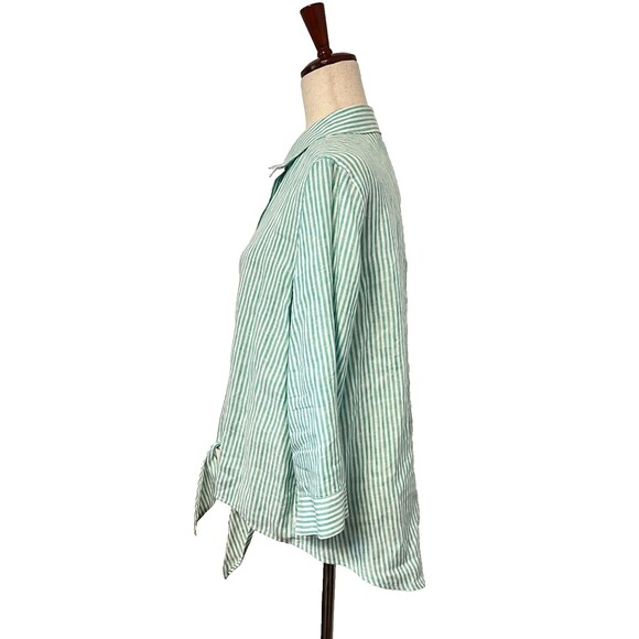 Chico's 100% Linen Shirt Blouse Women's Sz 2 Knot Tie Button Green White Stripe - Picture 2 of 9